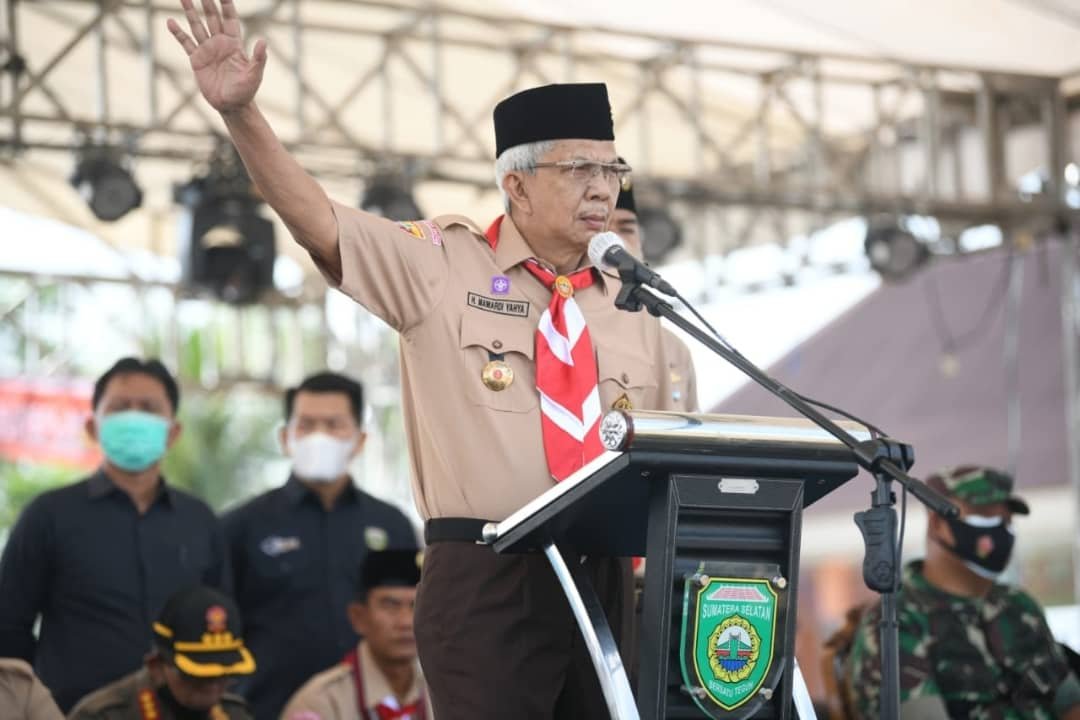 Mawardi Yahya saat menutup kegiatan Jambore Daerah Sumsel VIII 2021 di Bumi Perkemahan Gandus Kwarda Sumsel, Selasa (30/11/2021). 