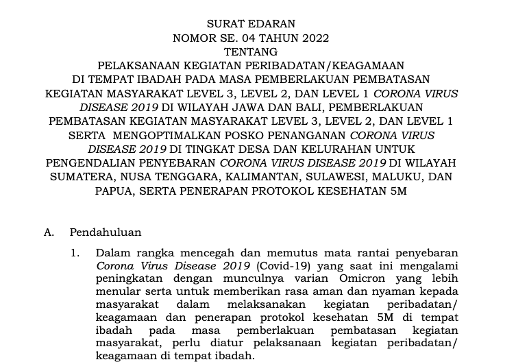 Edaran (SE) Nomor SE. 04 Tahun 2022 tentang Pelaksanaan Kegiatan Peribadatan/Keagamaan di Tempat Ibadah pada Masa PPKM