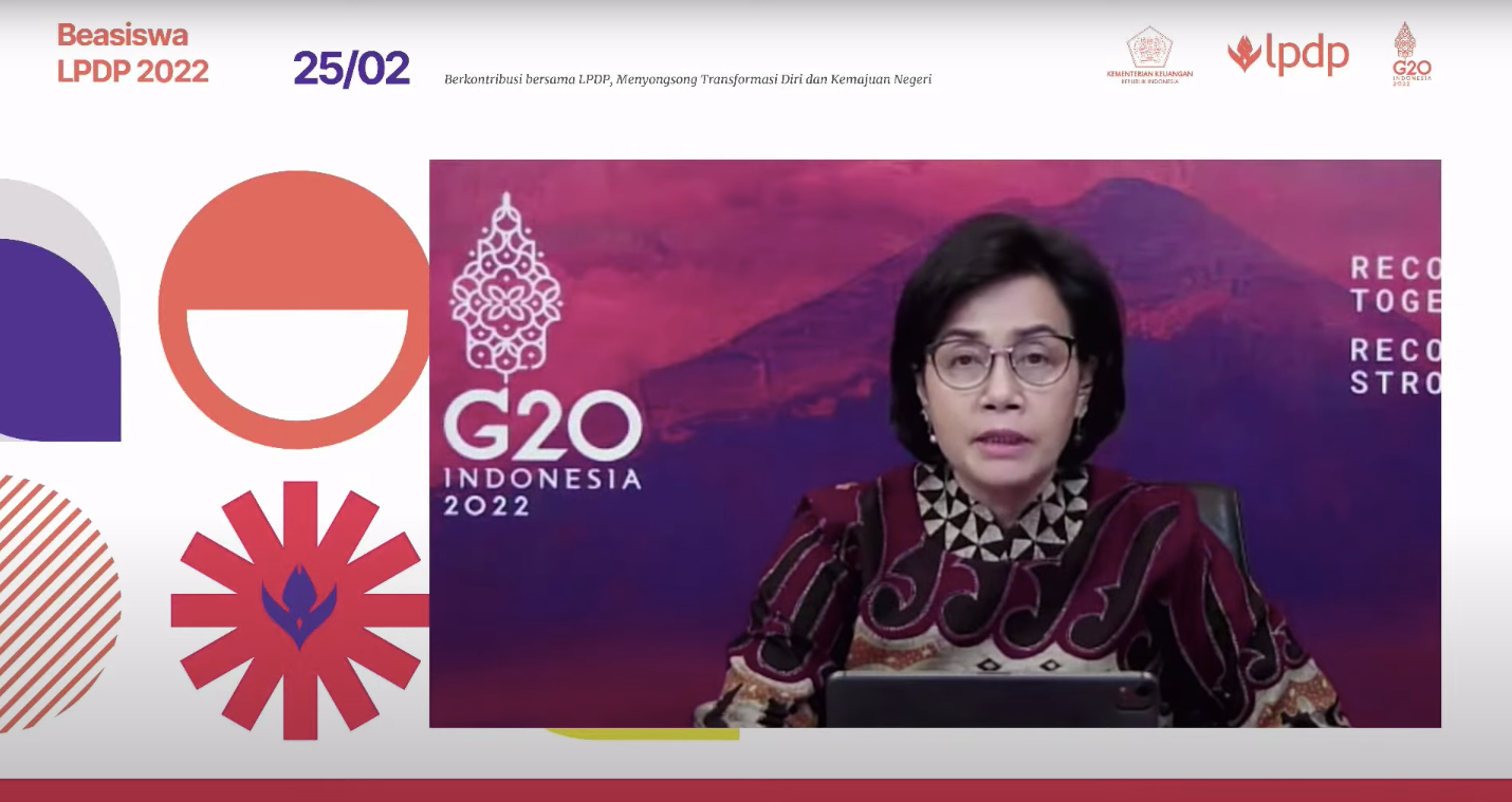 Menkeu Sri Mulyani pada Webinar Pembukaan Beasiswa LPDP 2022: Saatnya Giliranmu! Menyongsong Transformasi Diri dan Kemajuan Negeri, Jumat (25/02/2022). (Sumber: Tangkapan Layar)