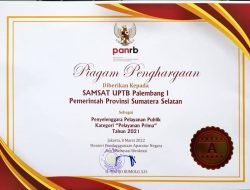 UPTB Samsat Palembang Raih Penghargaan Kemenpan-RB RI 