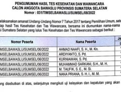 Ini Nama Enam Besar Calon Komisioner Bawaslu Sumsel