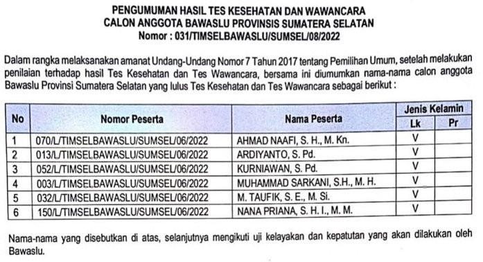 Berikut petikan Surat Keputusan yang berisikan enam besar calon Komisioner Bawaslu Sumsel.