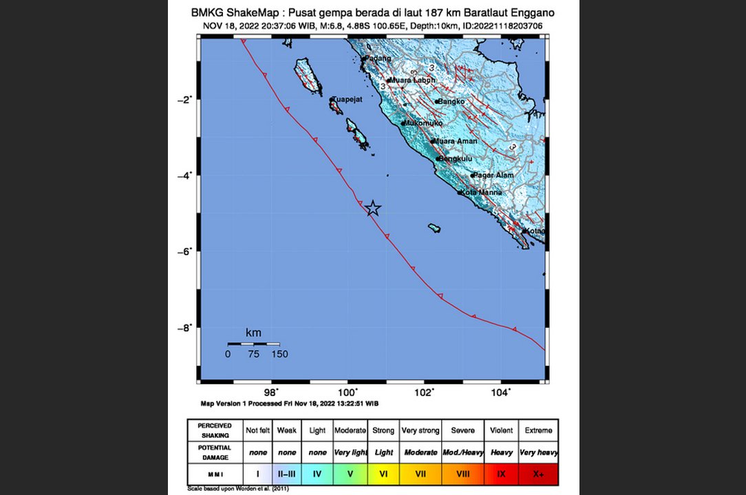 Gempa bumi berkekuatan 6.8 Magnitudo guncang Enggano Bengkulu.-Foto: Twitter/@infoBMKG-