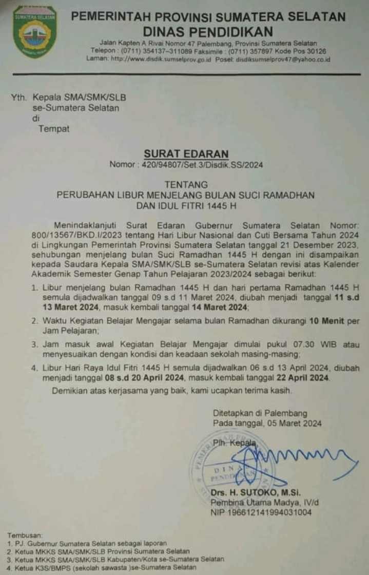 Surat Edaran yang dikeluarkan Dinas Pendidikan (Disdik) Provinsi Sumatera Selatan