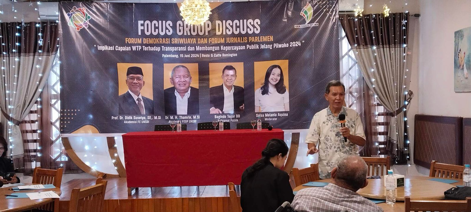 Focus Group Discuss gelaran Forum Demokrasi Sriwijaya (Fordes) dan Forum Jurnalis Parlemen (FJPP), Sabtu 15 Juni 2024.