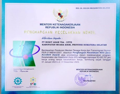 Keselamatan Kerja Terjaga, Bukit Asam (PTBA) Raih Penghargaan di 2 Ajang Sekaligus