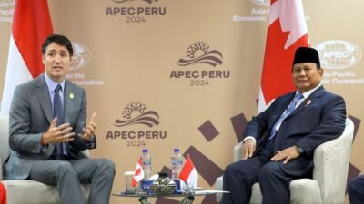 Presiden Prabowo Subianto, melakukan pertemuan bilateral dengan Perdana Menteri Kanada, Justin Trudeau, di sela-sela KTT APEC yang berlangsung di Lima Convention Center (LCC), Peru, Jumat, (15/11/2024) waktu setempat.(Dok. Biro Pers, Media, dan Informasi Sekretariat Presiden)