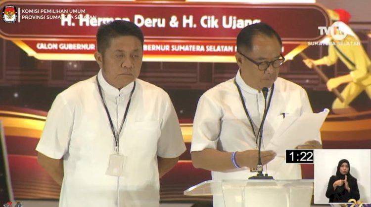 Pasangan Calon Gubernur dan Wakil Gubernur nomor urut 01 Herman Deru dan Cik Ujang dalam debat kedua Pilgub Sumsel/repro