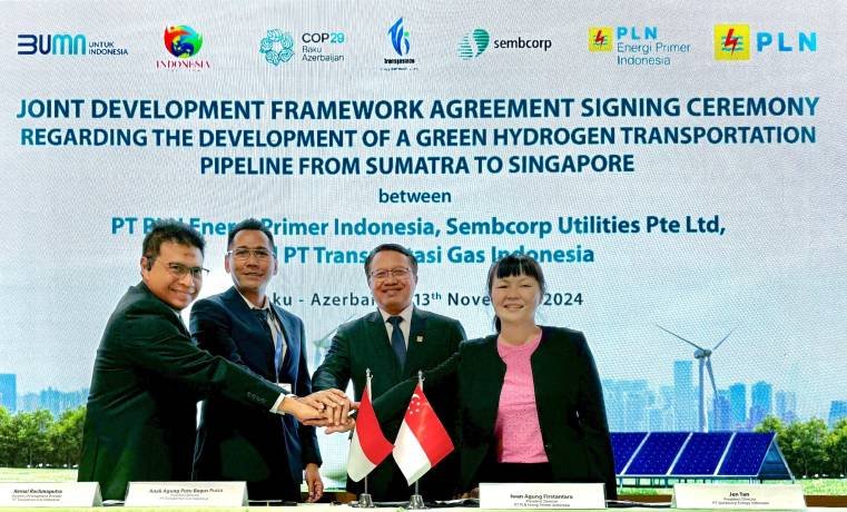 PT Transportasi Gas Indonesia Sembcorp Utilities Pte Ltd. (Sembcorp), dan PT PLN Energi Primer Indonesia menandatangani Joint Development Framework Agreement. (Foto: Dok. Humas PGN)