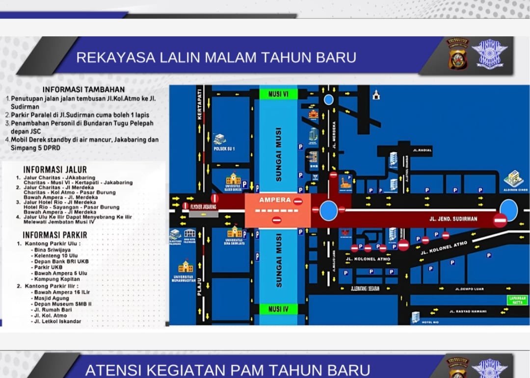 Skema rekayasa lalu lintas jalan yang bisa dilalui saat malam pergantian tahun. (Foto: Humas Polrestabes Palembang).