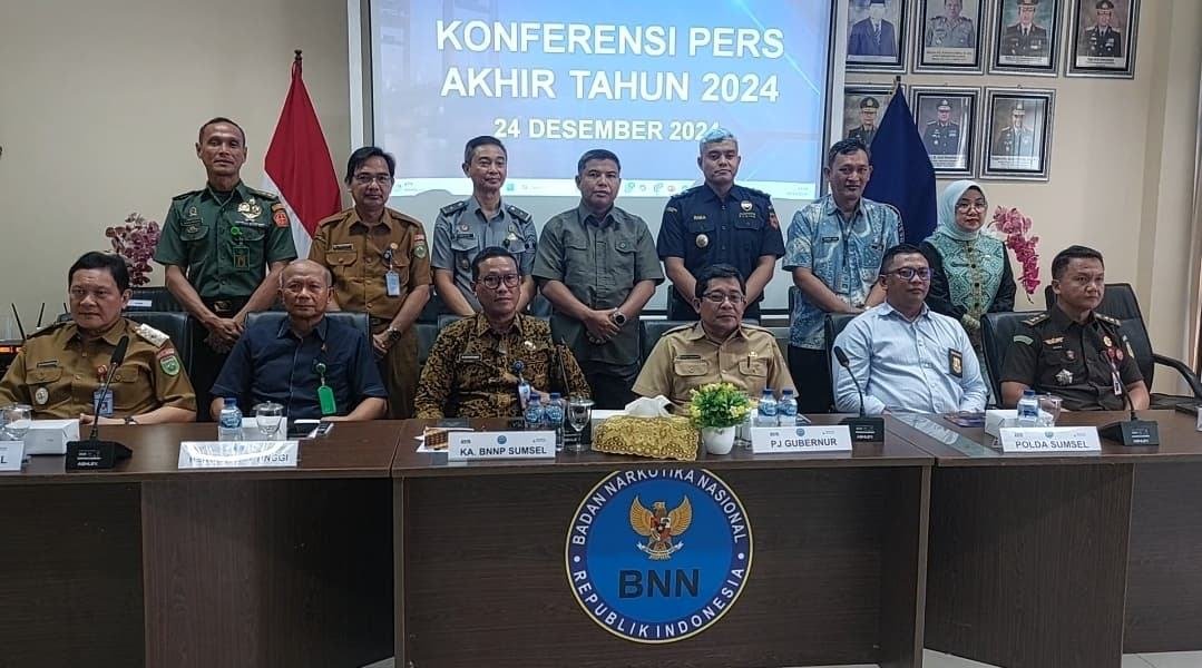 BNN Provinsi Sumsel saat pers rilis akhir tahun di kantornya, Selasa (24/12/2024).Foto: Mursalan.