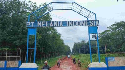 Pintu gerbang PT. Melania Indonesia (Shamrock Grup) di Desa Mainan, Kecamatan Sembawa, Kabupaten Banyuasin, Jumat (10/1/2025). (Foto : Maulana).