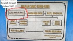 Beredar kabar di media sosial tentang perubahan nama dan coretan-coretan di Kompleks Makam Sabo Kingking yang terletak di Jalan Makam Sabo KingKing, Kelurahan Sei Buah, Kecamatan Ilir Timur (IT) II, Kota Palembang, sejak beberapa hari yang lalu.