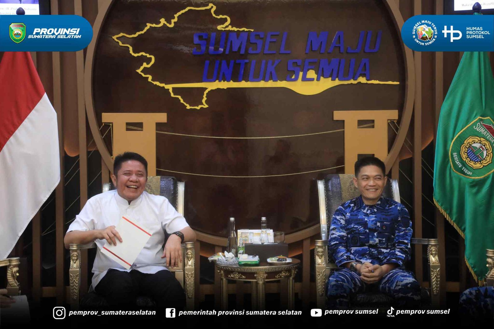 Gubernur Sumatera Selatan (Sumsel) H Herman Deru menerima Danlanud Sri Mulyono Herlambang Palembang Kolonel Pnb. Zulfikri Arif Purba