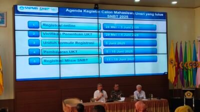 Rektor Unsri Prof. Dr. Taufik Marwah, SE., M.Si didampingi Wakil Rektor I Prof. Dr. Ir. H. Rujito Agus Suwinyo, M.Agr sekaligus Ketua Panitia PMB Unsri dan Ketua Tim Sosialisasi SNBP, SNBT dan SM Unsri Prof. Dr. H. Zulkifli Dahlan, M.Si., DEA dalam keterangan persnya di Gedung UPT Bahasa, Unsri, Kamis (23/5/2025).