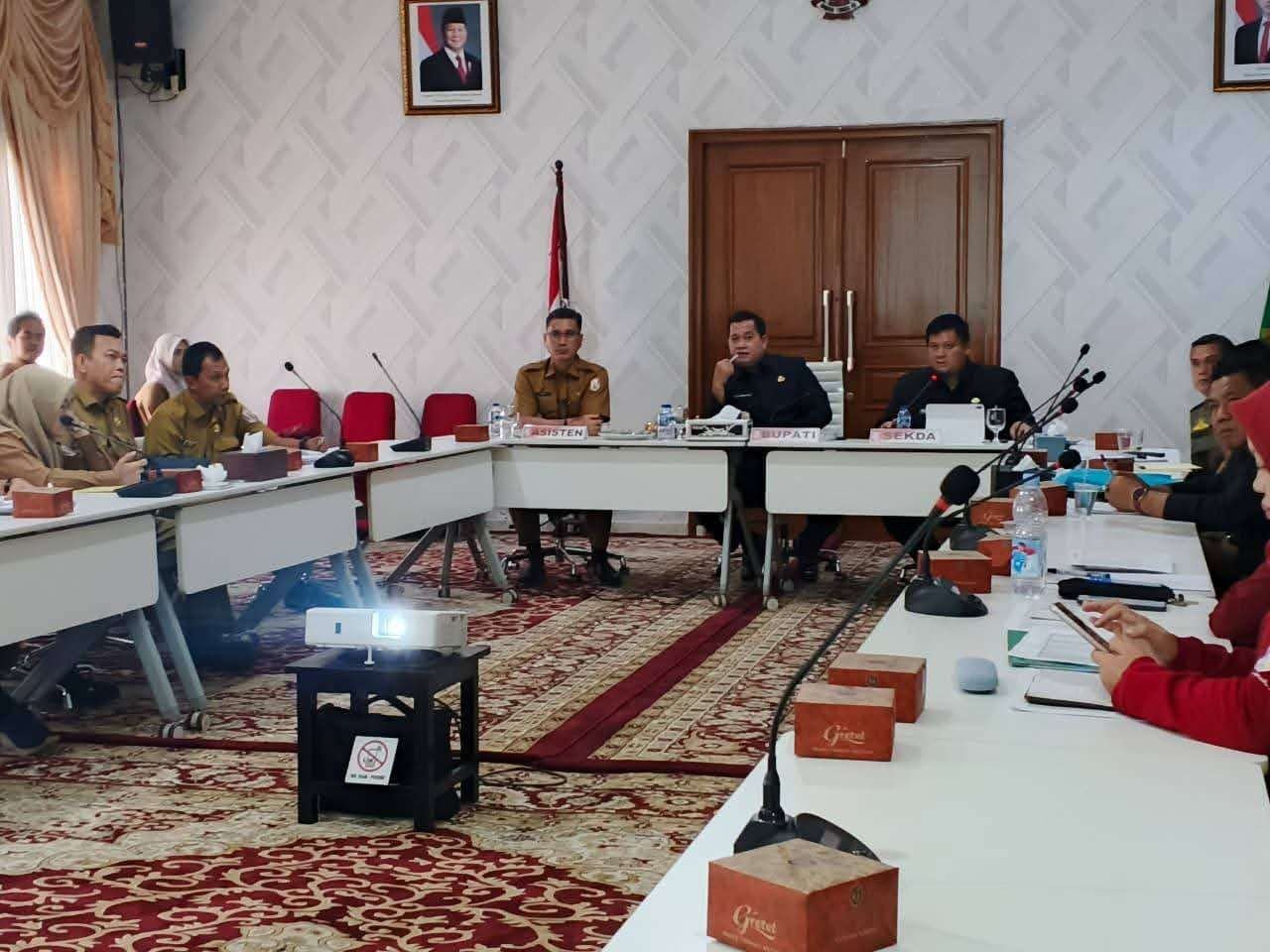 Bupati Banyuasin, Askolani (tengah) saat rapat Pemetaan Non ASN kategori R4 bersama Sekretaris Daerah Banyuasin, Ir. Erwin Ibrahim, di Ruang Rapat Rumah Dinas Bupati, Selasa (12/8/2025). (Foto: Humas Pemkab Banyuasin).