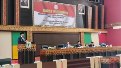 sidang paripurna DPRK tentang Rancangan Qanun Anggaran Pendapatan Belanja Kabupaten (APBK) tahun 2026, Senin 17 November 2025.