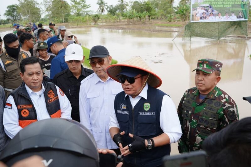 Gubernur Sumsel, Herman Deru saat diwawancarai usai meninjau lokasi cetak sawah baru di Desa Sungai Dua, Kecamatan Rambutan, Kabupaten Banyuasin, Jum’at (28/3/2026). Foto Pemprov Sumsel