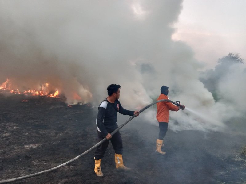BPBD Muba saat memadamkan kebakaran di lahan semak belukar di Kelurahan Serasan Jaya