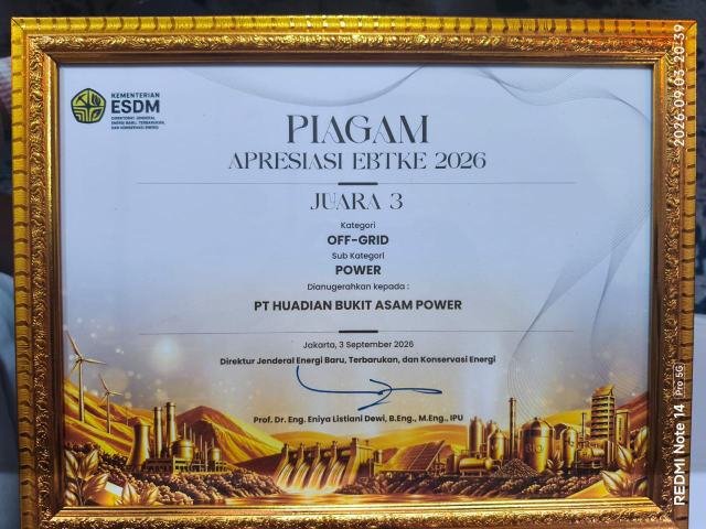 Anak Perusahaan PTBA, PT Huadian Bukit Asam Power Raih Juara 3 Apresiasi EBTKE 2026 dari Kementerian ESDM