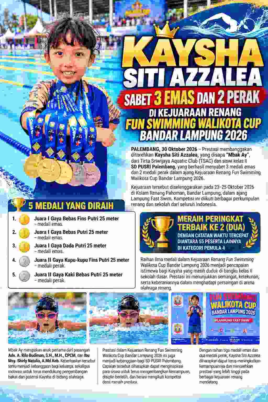 Kaysha Siti Azzalea Sabet 3 Emas dan 2 Perak di Kejuaraan Renang Fun Swimming Walikota Cup Bandar Lampung 2026